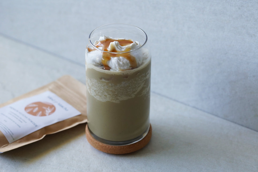 Vegan Salted Caramel Hojicha Frappe Drink